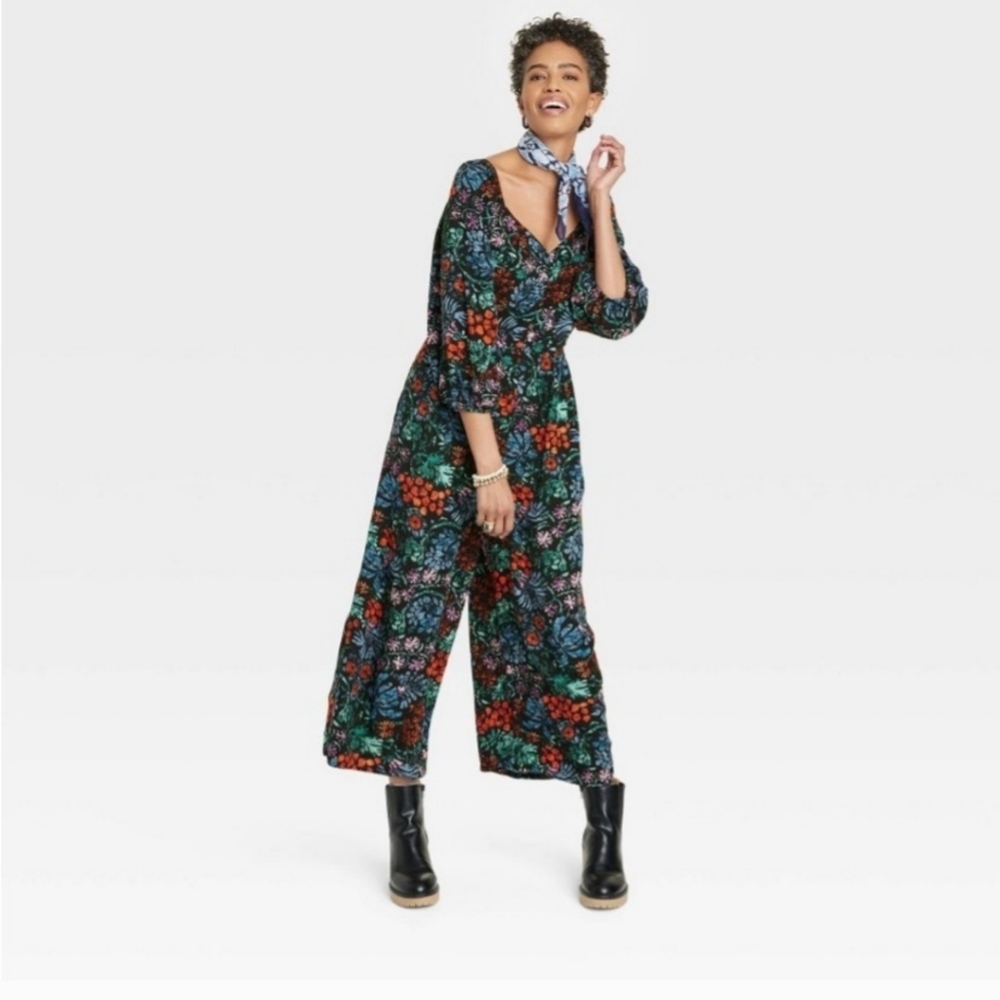 Knox Rose Red and Black Floral Jumpsuit with Wide-Leg Silhouette